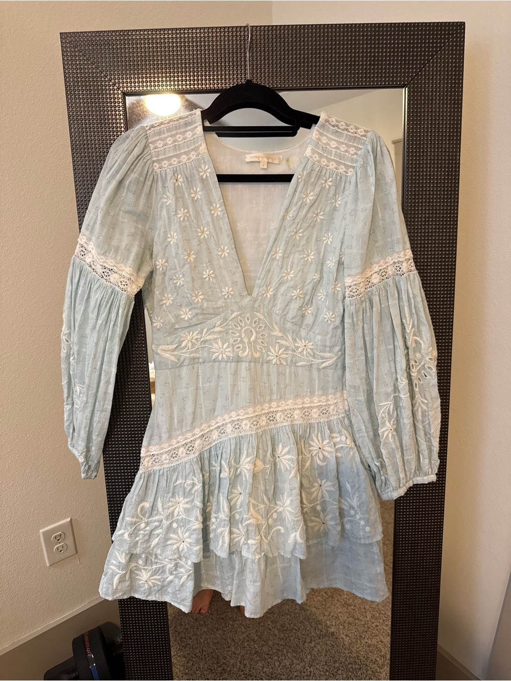 LoveShackFancy Light Blue Embroidered Mini Dress